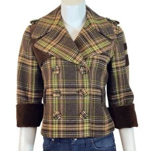 Vintage Juicy Couture Y2K Plaid cropped pea coat. Size 6.